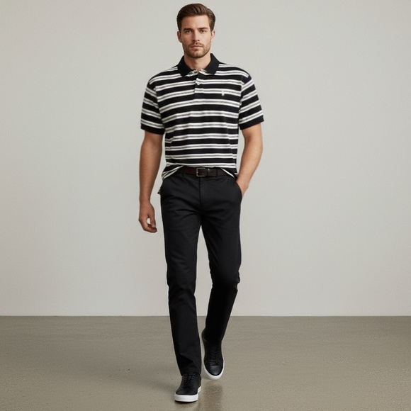 Ralph Lauren Polo Shirt L | Black White Stripe | Classic Fit 100% Cotton - Picture 1 of 15
